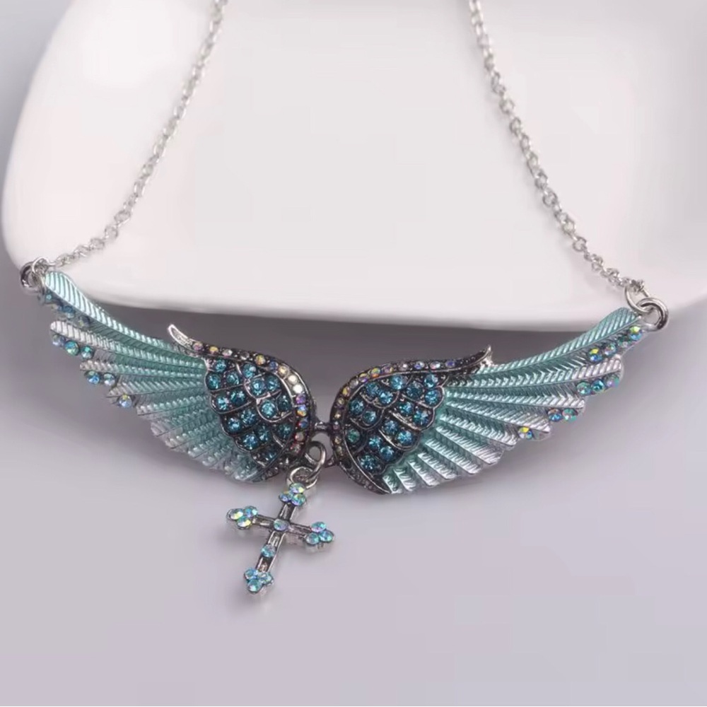 Aqua Wing Necklace with Crystal Cross Pendant